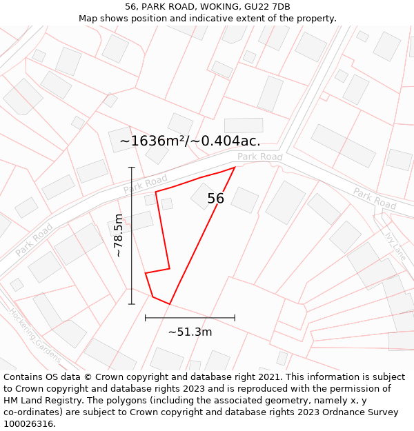 56, PARK ROAD, WOKING, GU22 7DB: Plot and title map