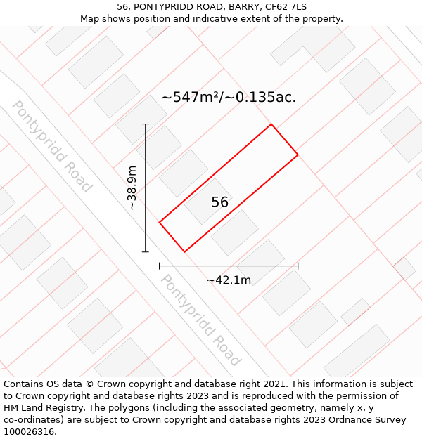 56, PONTYPRIDD ROAD, BARRY, CF62 7LS: Plot and title map