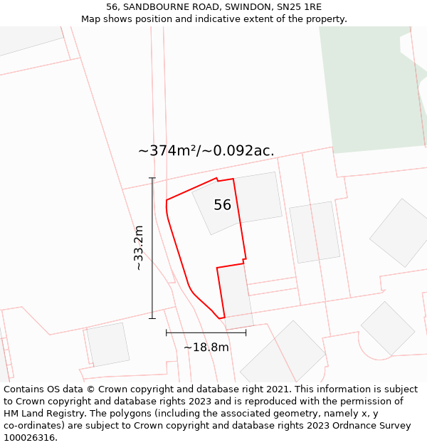 56, SANDBOURNE ROAD, SWINDON, SN25 1RE: Plot and title map