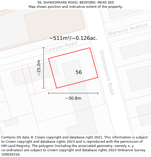 56, SHAKESPEARE ROAD, BEDFORD, MK40 2ED: Plot and title map