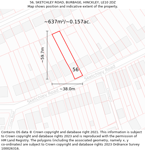 56, SKETCHLEY ROAD, BURBAGE, HINCKLEY, LE10 2DZ: Plot and title map