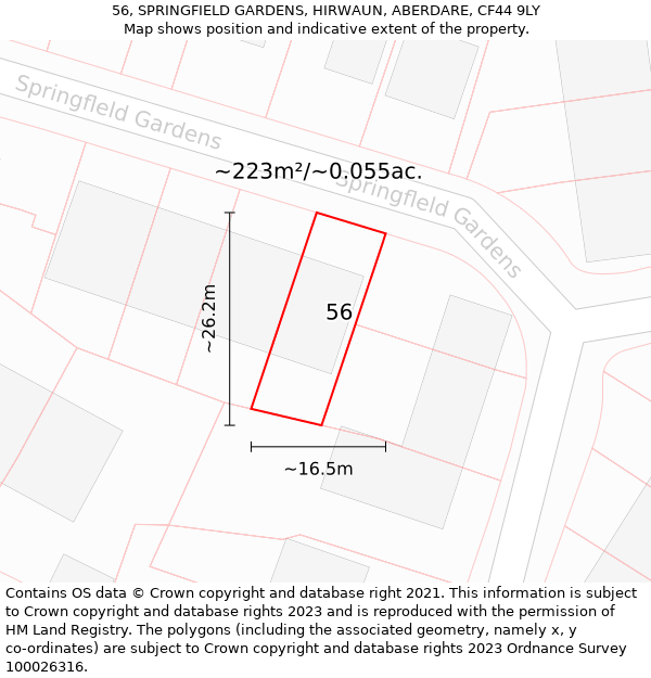 56, SPRINGFIELD GARDENS, HIRWAUN, ABERDARE, CF44 9LY: Plot and title map