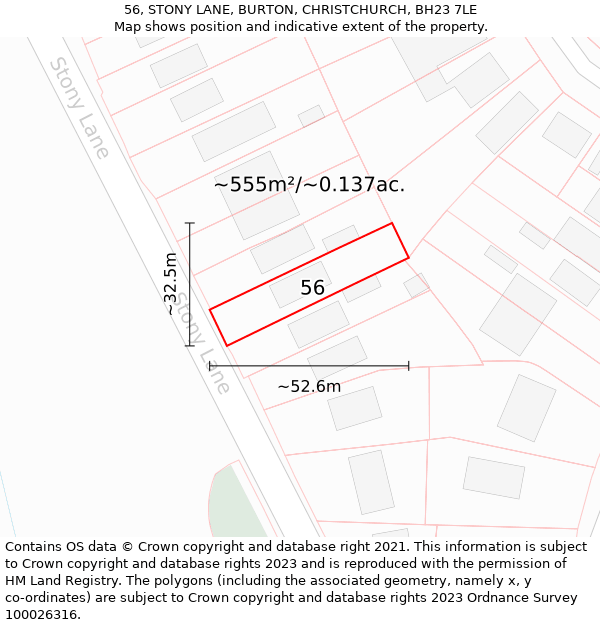 56, STONY LANE, BURTON, CHRISTCHURCH, BH23 7LE: Plot and title map