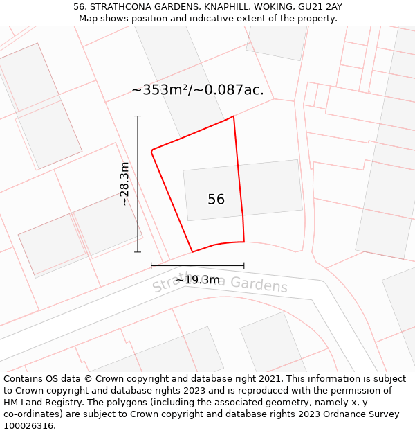 56, STRATHCONA GARDENS, KNAPHILL, WOKING, GU21 2AY: Plot and title map