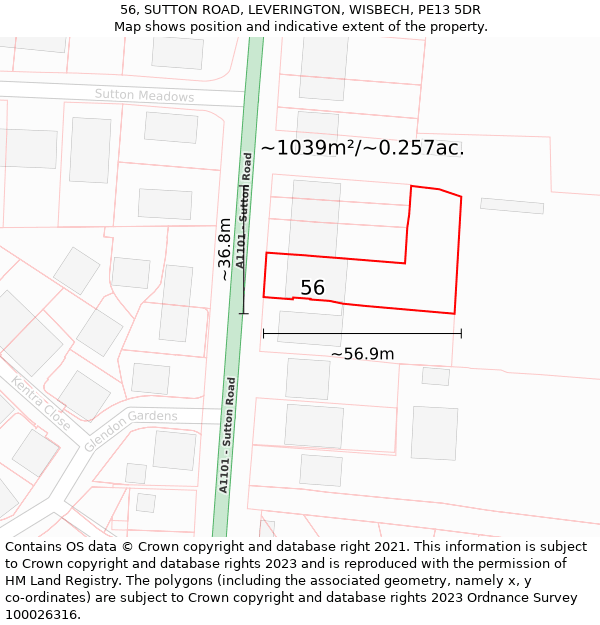 56, SUTTON ROAD, LEVERINGTON, WISBECH, PE13 5DR: Plot and title map