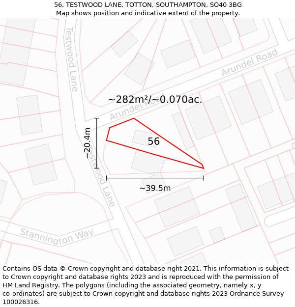 56, TESTWOOD LANE, TOTTON, SOUTHAMPTON, SO40 3BG: Plot and title map