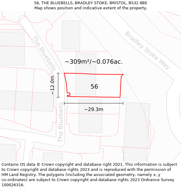 56, THE BLUEBELLS, BRADLEY STOKE, BRISTOL, BS32 8BE: Plot and title map