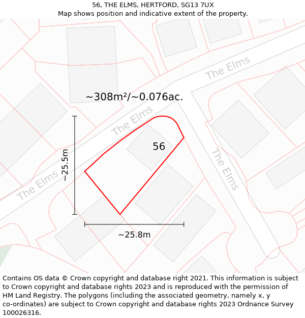 56, THE ELMS, HERTFORD, SG13 7UX: Plot and title map