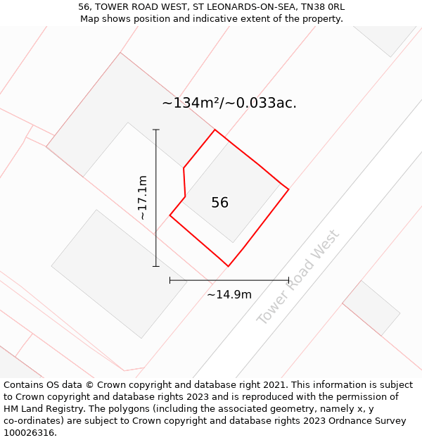 56, TOWER ROAD WEST, ST LEONARDS-ON-SEA, TN38 0RL: Plot and title map