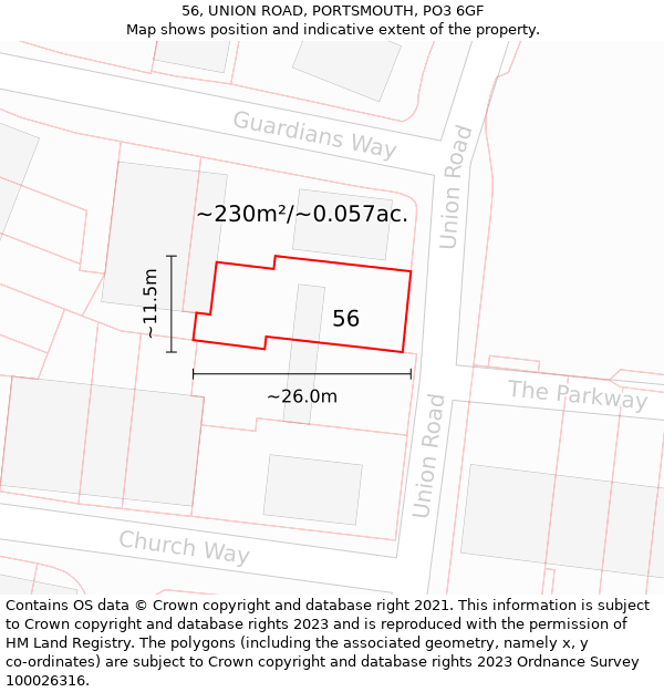 56, UNION ROAD, PORTSMOUTH, PO3 6GF: Plot and title map