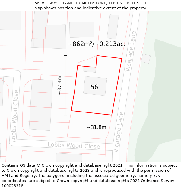 56, VICARAGE LANE, HUMBERSTONE, LEICESTER, LE5 1EE: Plot and title map