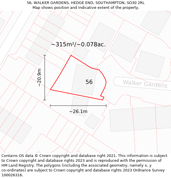 56, WALKER GARDENS, HEDGE END, SOUTHAMPTON, SO30 2RL: Plot and title map