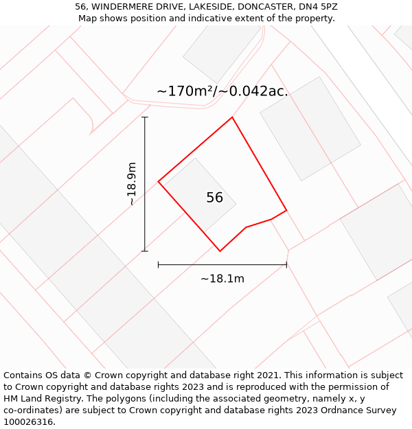 56, WINDERMERE DRIVE, LAKESIDE, DONCASTER, DN4 5PZ: Plot and title map