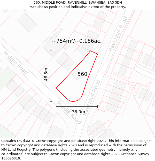 560, MIDDLE ROAD, RAVENHILL, SWANSEA, SA5 5DH: Plot and title map