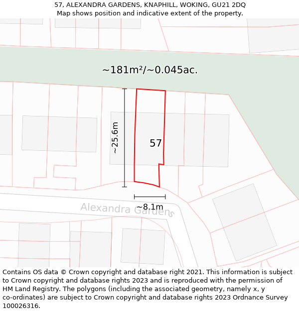 57, ALEXANDRA GARDENS, KNAPHILL, WOKING, GU21 2DQ: Plot and title map