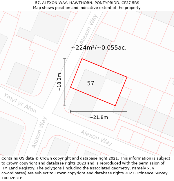 57, ALEXON WAY, HAWTHORN, PONTYPRIDD, CF37 5BS: Plot and title map