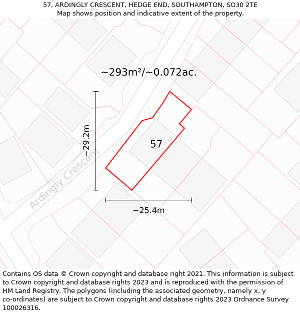 57, ARDINGLY CRESCENT, HEDGE END, SOUTHAMPTON, SO30 2TE: Plot and title map