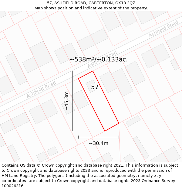 57, ASHFIELD ROAD, CARTERTON, OX18 3QZ: Plot and title map