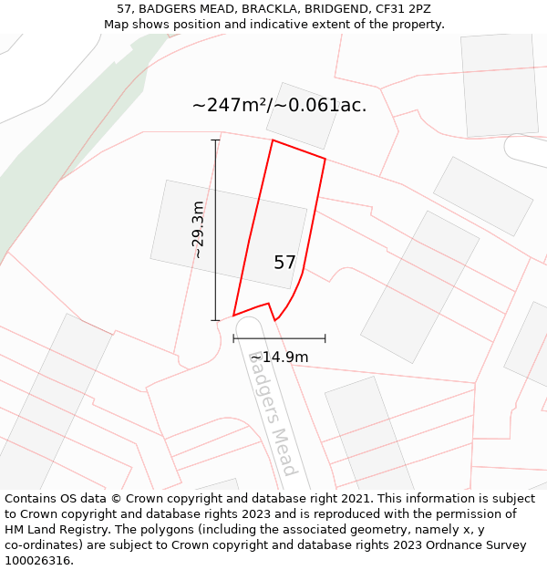 57, BADGERS MEAD, BRACKLA, BRIDGEND, CF31 2PZ: Plot and title map