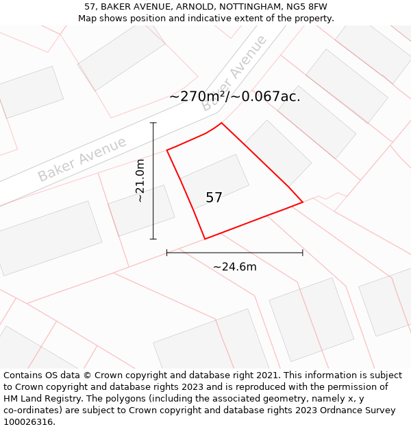 57, BAKER AVENUE, ARNOLD, NOTTINGHAM, NG5 8FW: Plot and title map