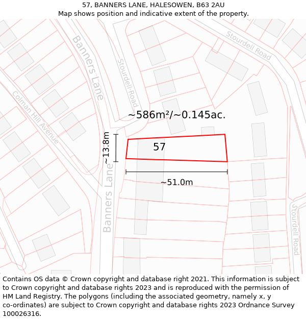 57, BANNERS LANE, HALESOWEN, B63 2AU: Plot and title map