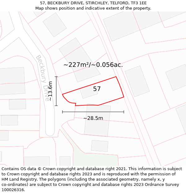 57, BECKBURY DRIVE, STIRCHLEY, TELFORD, TF3 1EE: Plot and title map