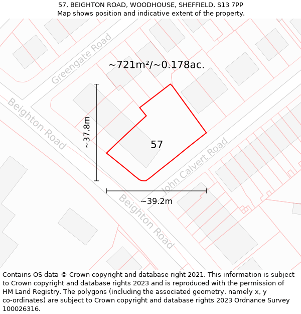 57, BEIGHTON ROAD, WOODHOUSE, SHEFFIELD, S13 7PP: Plot and title map