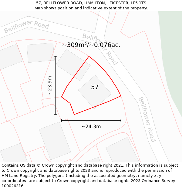 57, BELLFLOWER ROAD, HAMILTON, LEICESTER, LE5 1TS: Plot and title map