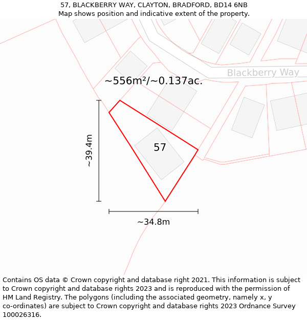 57, BLACKBERRY WAY, CLAYTON, BRADFORD, BD14 6NB: Plot and title map