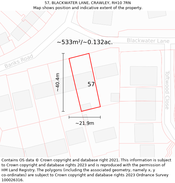 57, BLACKWATER LANE, CRAWLEY, RH10 7RN: Plot and title map