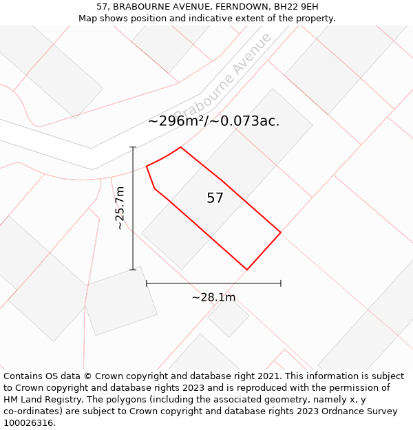 57, BRABOURNE AVENUE, FERNDOWN, BH22 9EH: Plot and title map