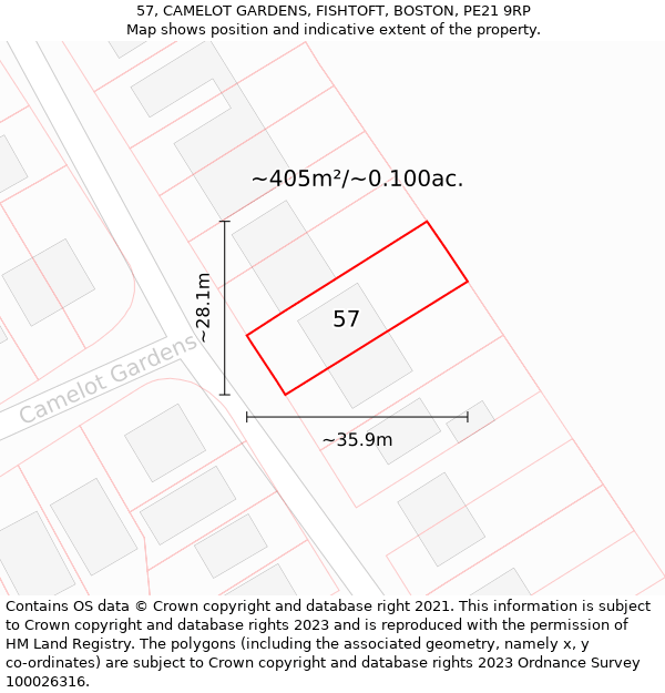 57, CAMELOT GARDENS, FISHTOFT, BOSTON, PE21 9RP: Plot and title map