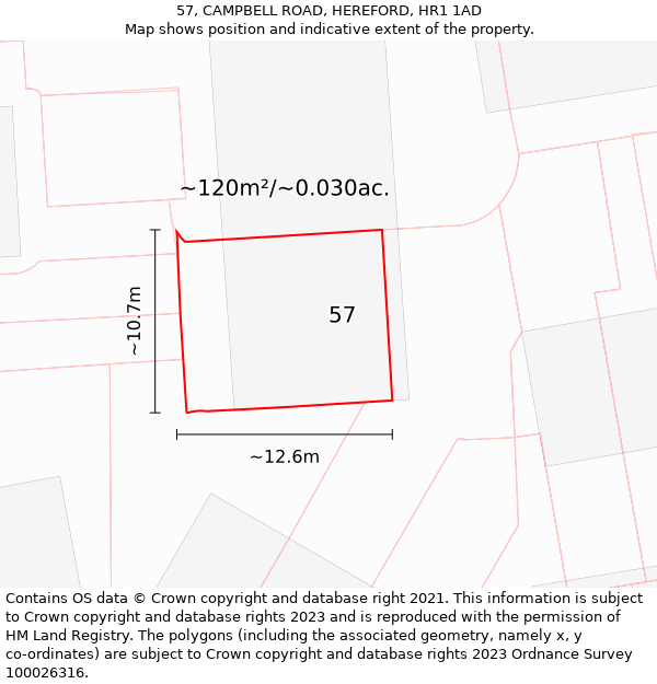 57, CAMPBELL ROAD, HEREFORD, HR1 1AD: Plot and title map