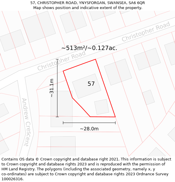 57, CHRISTOPHER ROAD, YNYSFORGAN, SWANSEA, SA6 6QR: Plot and title map