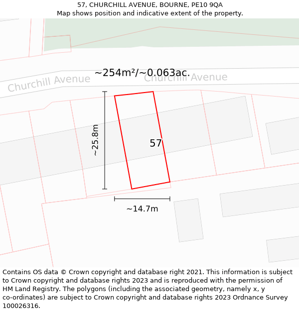 57, CHURCHILL AVENUE, BOURNE, PE10 9QA: Plot and title map