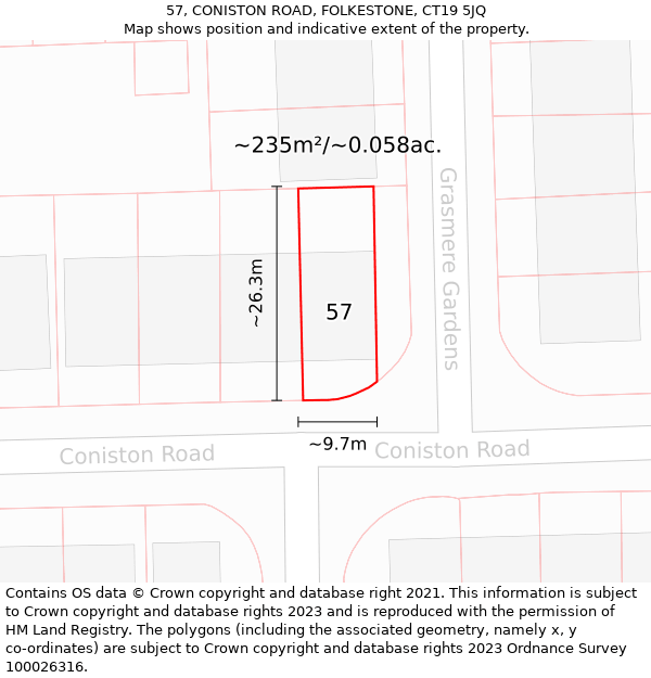 57, CONISTON ROAD, FOLKESTONE, CT19 5JQ: Plot and title map