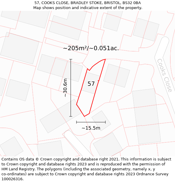 57, COOKS CLOSE, BRADLEY STOKE, BRISTOL, BS32 0BA: Plot and title map