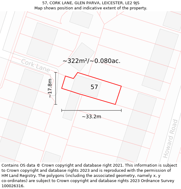 57, CORK LANE, GLEN PARVA, LEICESTER, LE2 9JS: Plot and title map