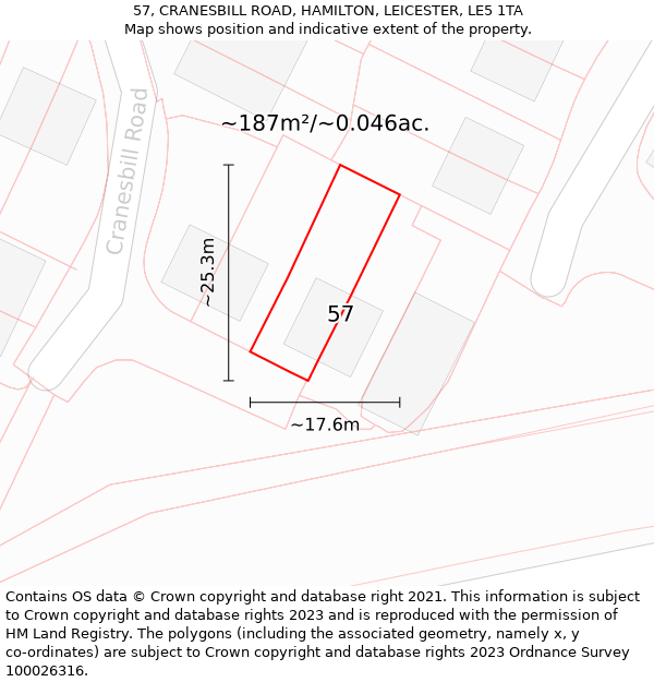 57, CRANESBILL ROAD, HAMILTON, LEICESTER, LE5 1TA: Plot and title map