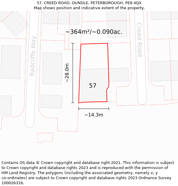 57, CREED ROAD, OUNDLE, PETERBOROUGH, PE8 4QX: Plot and title map