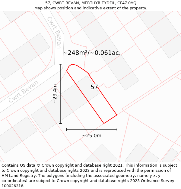 57, CWRT BEVAN, MERTHYR TYDFIL, CF47 0AQ: Plot and title map