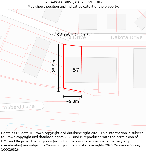 57, DAKOTA DRIVE, CALNE, SN11 8FX: Plot and title map