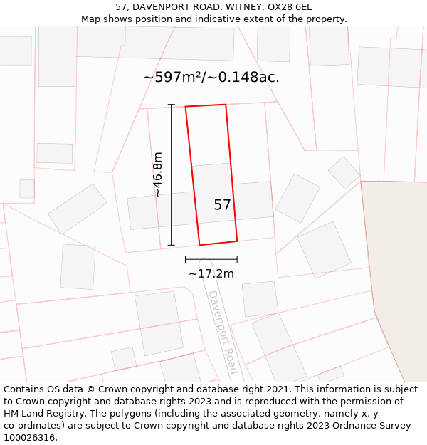 57, DAVENPORT ROAD, WITNEY, OX28 6EL: Plot and title map