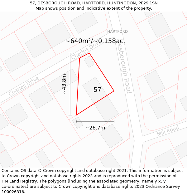 57, DESBOROUGH ROAD, HARTFORD, HUNTINGDON, PE29 1SN: Plot and title map