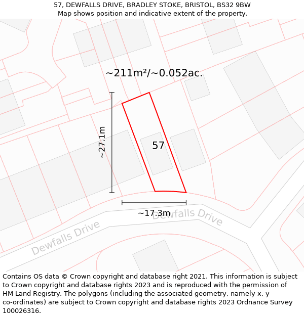 57, DEWFALLS DRIVE, BRADLEY STOKE, BRISTOL, BS32 9BW: Plot and title map