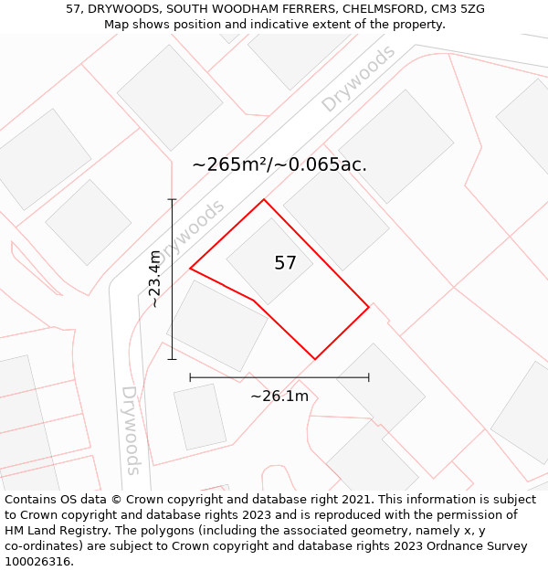 57, DRYWOODS, SOUTH WOODHAM FERRERS, CHELMSFORD, CM3 5ZG: Plot and title map