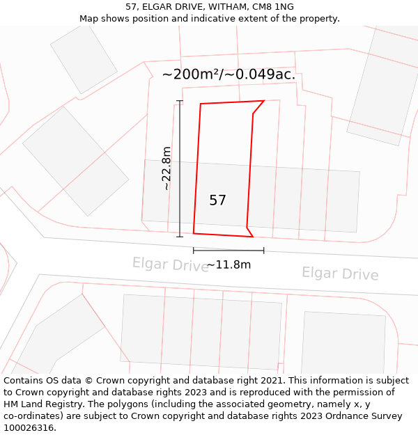 57, ELGAR DRIVE, WITHAM, CM8 1NG: Plot and title map