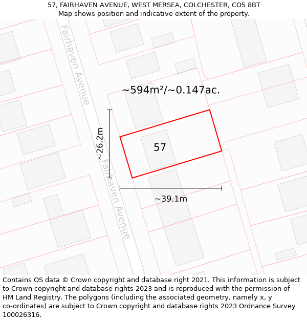 57, FAIRHAVEN AVENUE, WEST MERSEA, COLCHESTER, CO5 8BT: Plot and title map