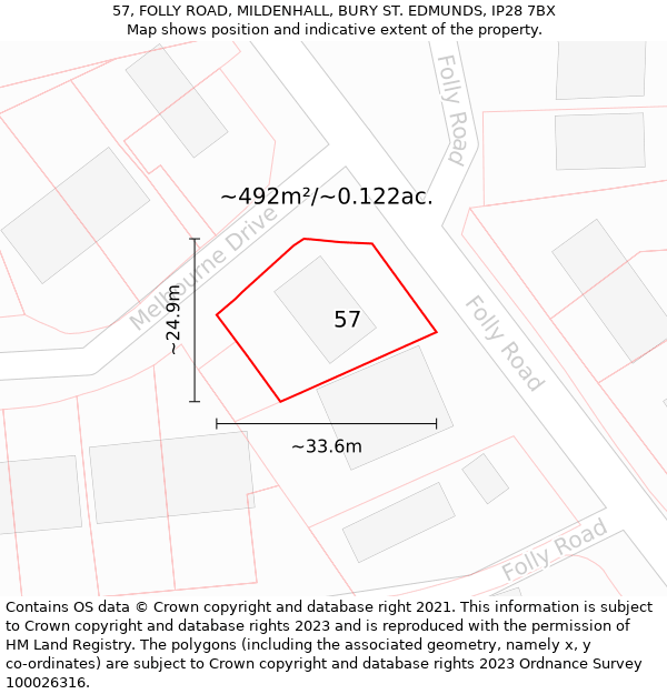 57, FOLLY ROAD, MILDENHALL, BURY ST. EDMUNDS, IP28 7BX: Plot and title map