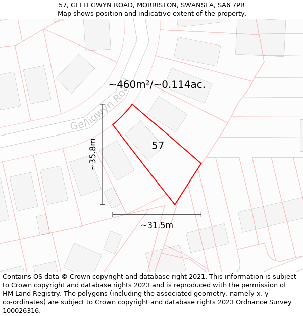 57, GELLI GWYN ROAD, MORRISTON, SWANSEA, SA6 7PR: Plot and title map